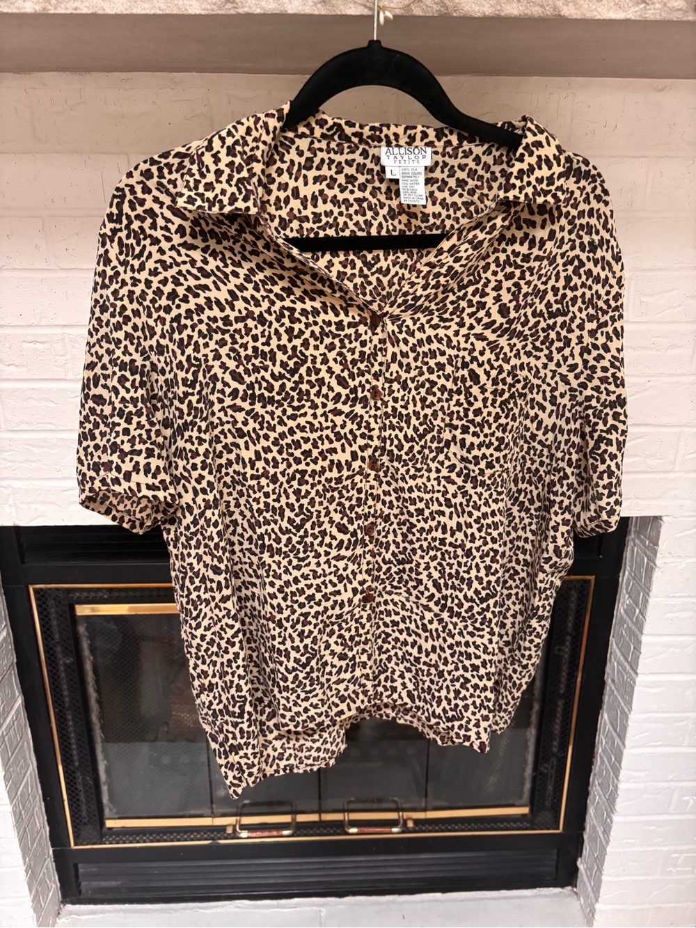 Allison Taylor Tan and Black Leopard Print Short Sleeve Blouse